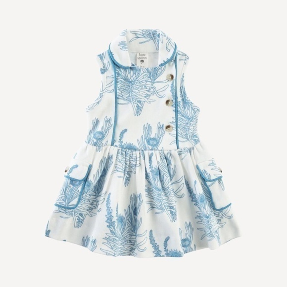 NEW KATE QUINN SLEEVELESS PETER PAN APRON DRESS | BLUE PROTEAS | ORGANIC COTTON